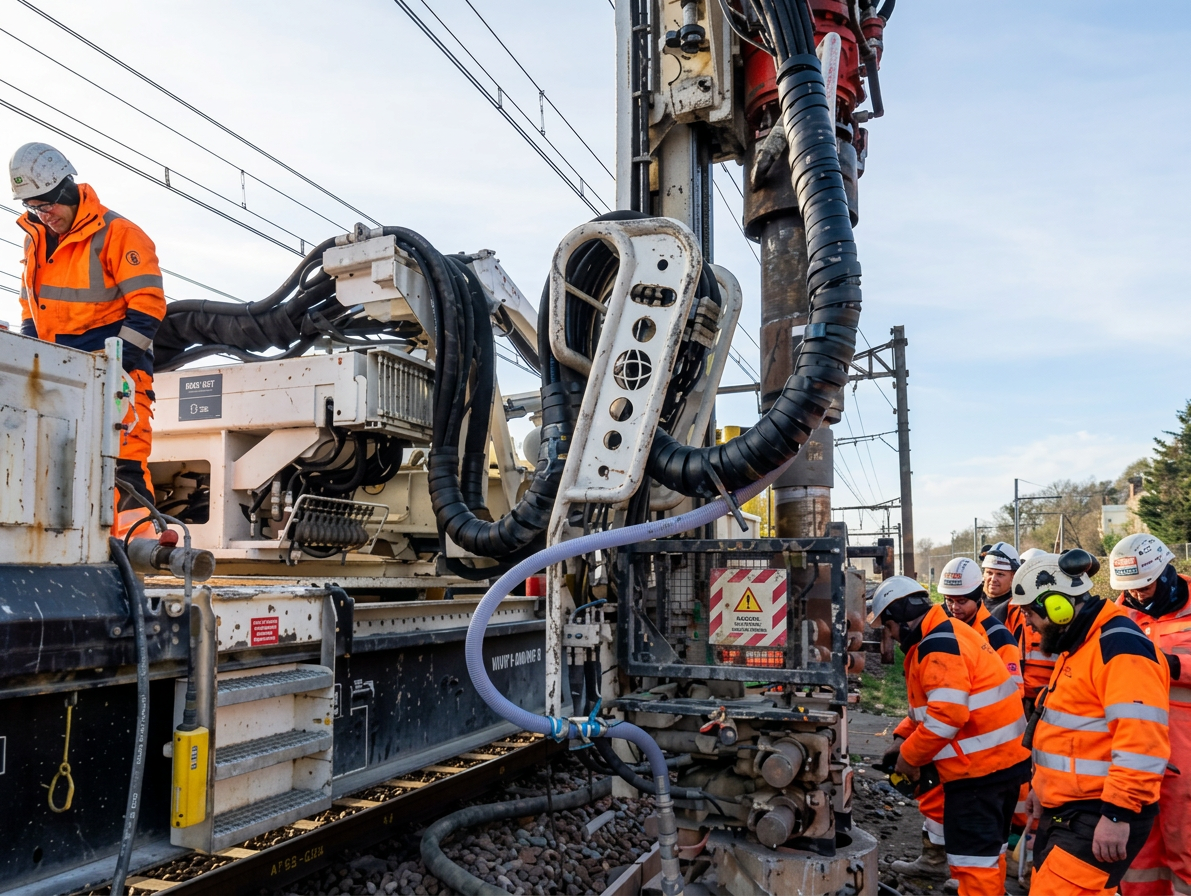 RER C — Équipe pose micropieux voie ferrée